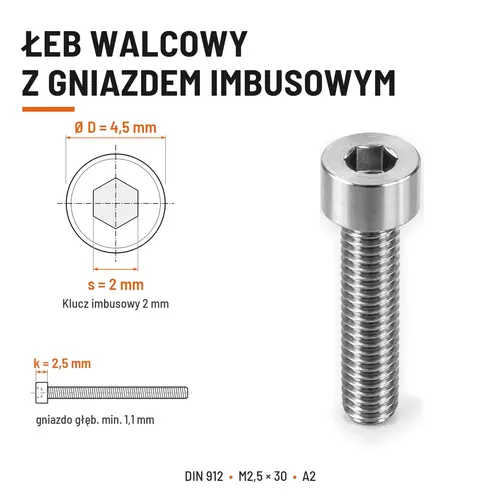 ŚRUBA IMBUSOWA Z PEŁNYM GWINTEM DIN 912 M2,5X30 A2