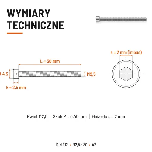 ŚRUBA IMBUSOWA Z PEŁNYM GWINTEM DIN 912 M2,5X30 A2