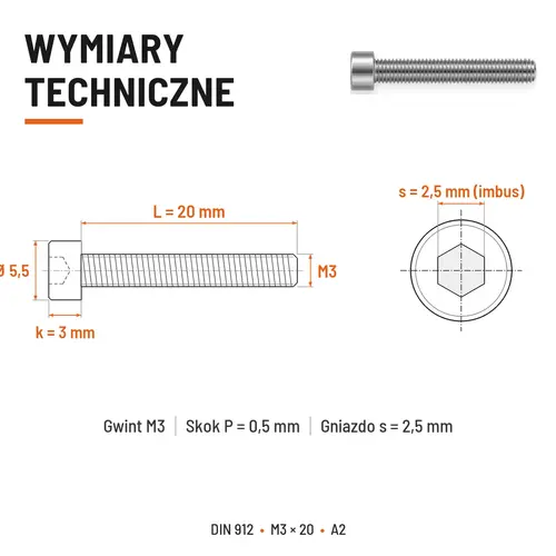 ŚRUBA IMBUSOWA Z PEŁNYM GWINTEM DIN 912 M3X20 A2