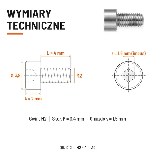 ŚRUBA IMBUSOWA Z PEŁNYM GWINTEM DIN 912 M2X4 A2