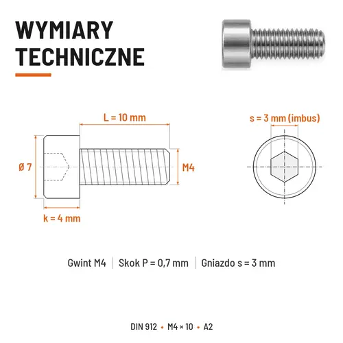 ŚRUBA IMBUSOWA Z PEŁNYM GWINTEM DIN 912 M4X10 A2