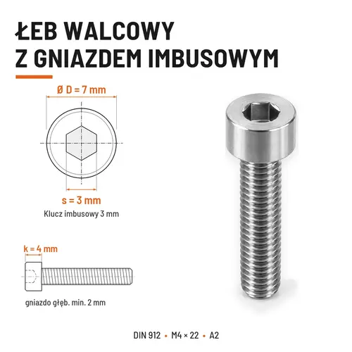 ŚRUBA IMBUSOWA Z PEŁNYM GWINTEM DIN 912 M4X22 A2