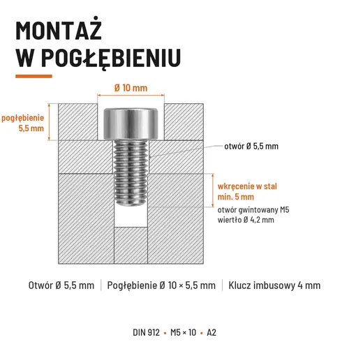 ŚRUBA IMBUSOWA Z PEŁNYM GWINTEM DIN 912 M5X10 A2