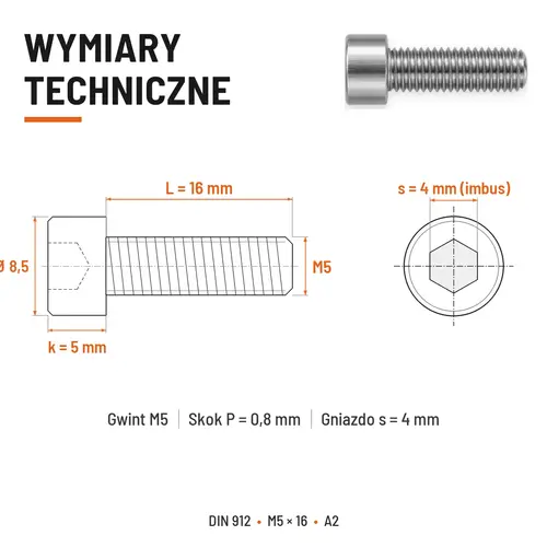 ŚRUBA IMBUSOWA Z PEŁNYM GWINTEM DIN 912 M5X16 A2
