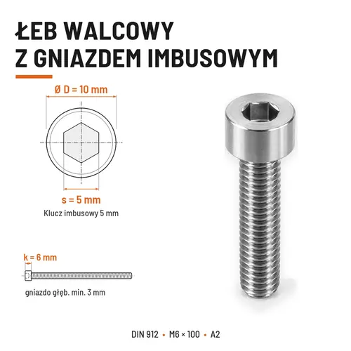 ŚRUBA IMBUSOWA Z PEŁNYM GWINTEM DIN 912 M6X100 A2