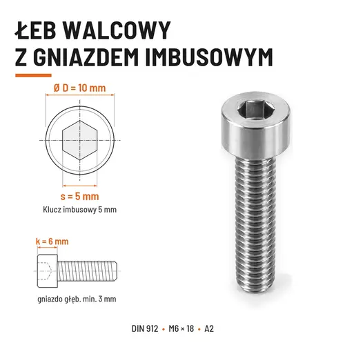 ŚRUBA IMBUSOWA Z PEŁNYM GWINTEM DIN 912 M6X18 A2