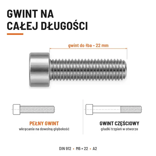 ŚRUBA IMBUSOWA Z PEŁNYM GWINTEM DIN 912 M6X22 A2