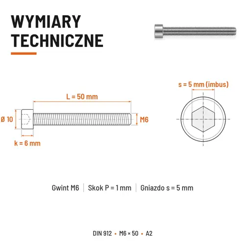 ŚRUBA IMBUSOWA Z PEŁNYM GWINTEM DIN 912 M6X50 A2
