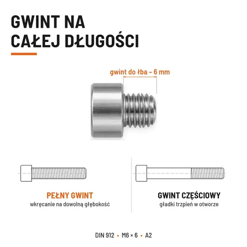 ŚRUBA IMBUSOWA Z PEŁNYM GWINTEM DIN 912 M6X6 A2
