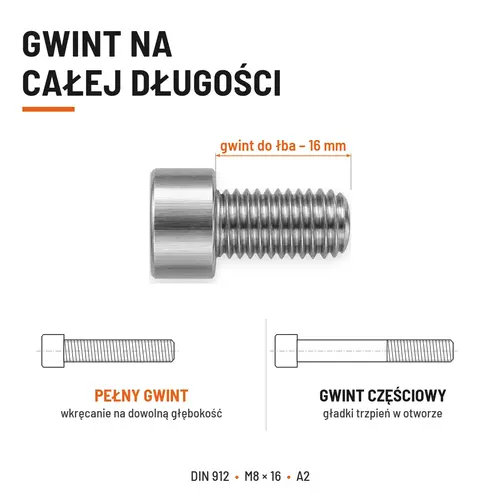ŚRUBA IMBUSOWA Z PEŁNYM GWINTEM DIN 912 M8X16 A2
