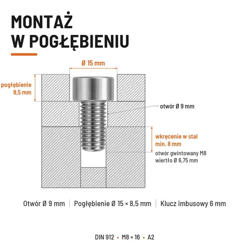 ŚRUBA IMBUSOWA Z PEŁNYM GWINTEM DIN 912 M8X16 A2