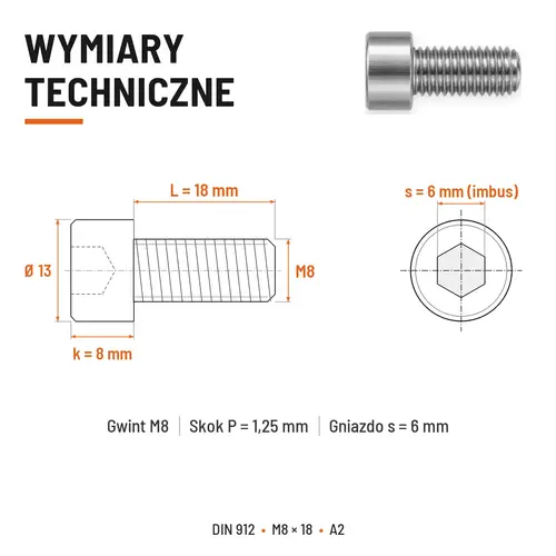 ŚRUBA IMBUSOWA Z PEŁNYM GWINTEM DIN 912 M8X18 A2