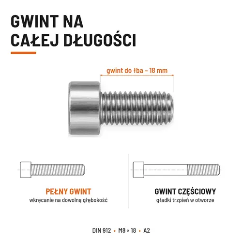 ŚRUBA IMBUSOWA Z PEŁNYM GWINTEM DIN 912 M8X18 A2