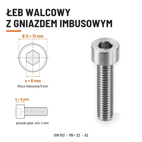 ŚRUBA IMBUSOWA Z PEŁNYM GWINTEM DIN 912 M8X22 A2