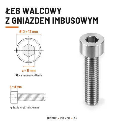 ŚRUBA IMBUSOWA Z PEŁNYM GWINTEM DIN 912 M8X30 A2