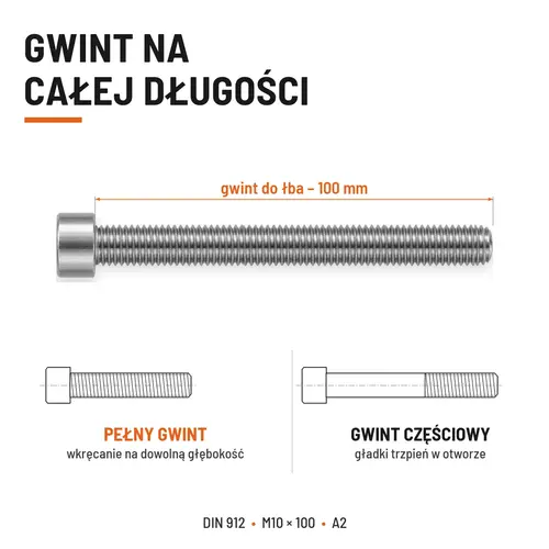 ŚRUBA IMBUSOWA Z PEŁNYM GWINTEM DIN 912 M10X100 A2