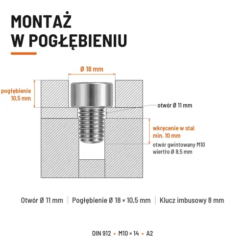 ŚRUBA IMBUSOWA Z PEŁNYM GWINTEM DIN 912 M10X14 A2