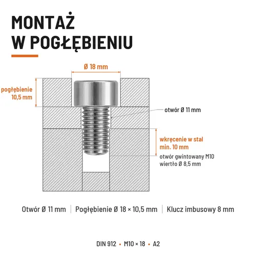ŚRUBA IMBUSOWA Z PEŁNYM GWINTEM DIN 912 M10X18 A2