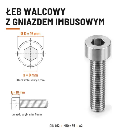 ŚRUBA IMBUSOWA Z PEŁNYM GWINTEM DIN 912 M10X35 A2
