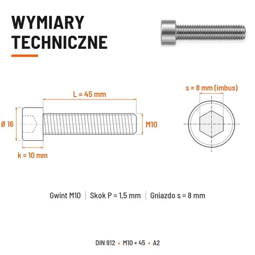 ŚRUBA IMBUSOWA Z PEŁNYM GWINTEM DIN 912 M10X45 A2