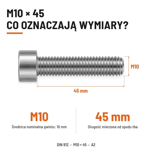 ŚRUBA IMBUSOWA Z PEŁNYM GWINTEM DIN 912 M10X45 A2