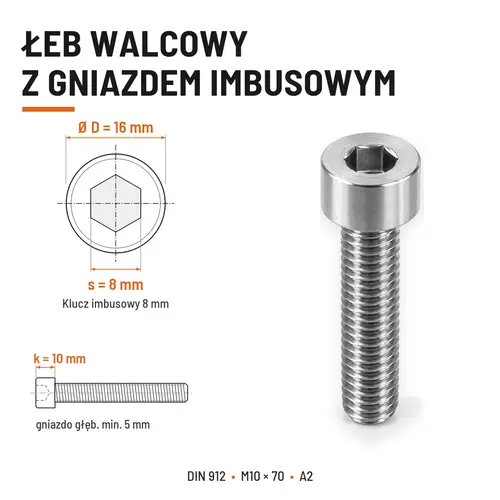 ŚRUBA IMBUSOWA Z PEŁNYM GWINTEM DIN 912 M10X70 A2