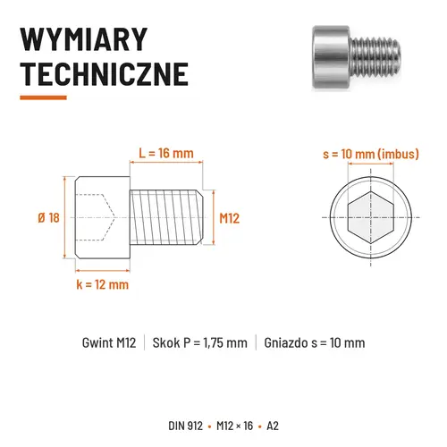 ŚRUBA IMBUSOWA Z PEŁNYM GWINTEM DIN 912 M12X16 A2