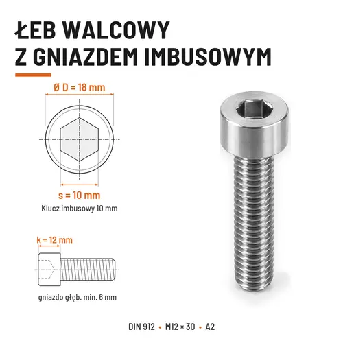 ŚRUBA IMBUSOWA Z PEŁNYM GWINTEM DIN 912 M12X30 A2