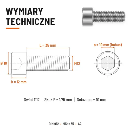 ŚRUBA IMBUSOWA Z PEŁNYM GWINTEM DIN 912 M12X35 A2