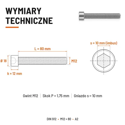 ŚRUBA IMBUSOWA Z PEŁNYM GWINTEM DIN 912 M12X80 A2