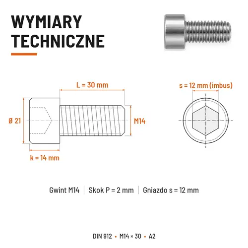 ŚRUBA IMBUSOWA Z PEŁNYM GWINTEM DIN 912 M14X30 A2