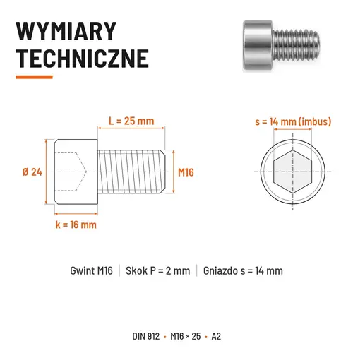 ŚRUBA IMBUSOWA Z PEŁNYM GWINTEM DIN 912 M16X25 A2