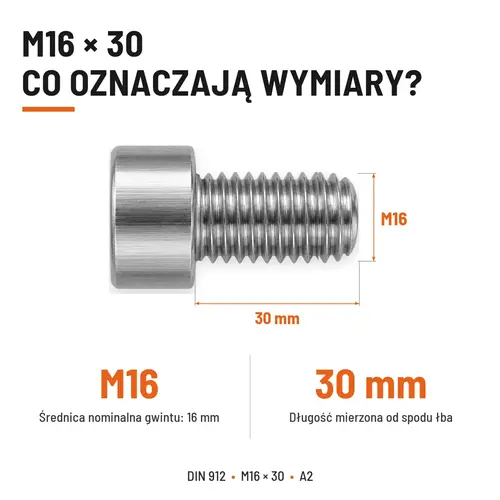 ŚRUBA IMBUSOWA Z PEŁNYM GWINTEM DIN 912 M16X30 A2