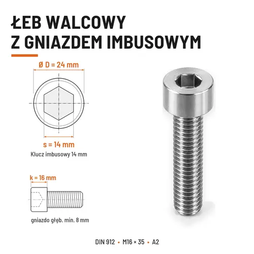 ŚRUBA IMBUSOWA Z PEŁNYM GWINTEM DIN 912 M16X35 A2
