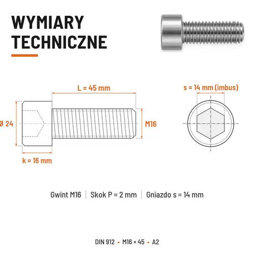 ŚRUBA IMBUSOWA Z PEŁNYM GWINTEM DIN 912 M16X45 A2