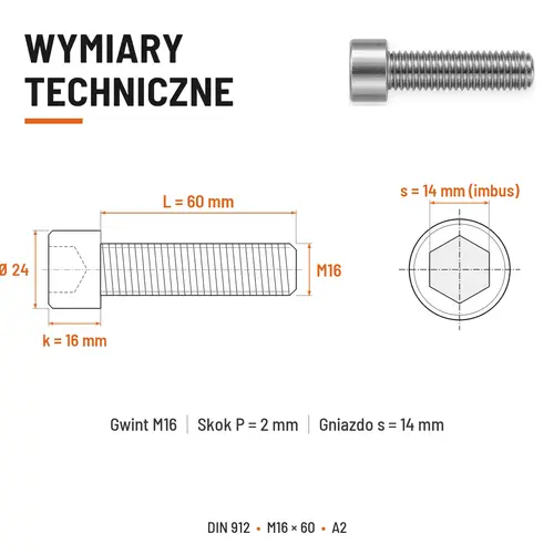 ŚRUBA IMBUSOWA Z PEŁNYM GWINTEM DIN 912 M16X60 A2