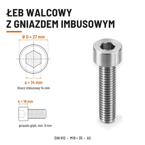 ŚRUBA IMBUSOWA Z PEŁNYM GWINTEM DIN 912 M18X35 A2