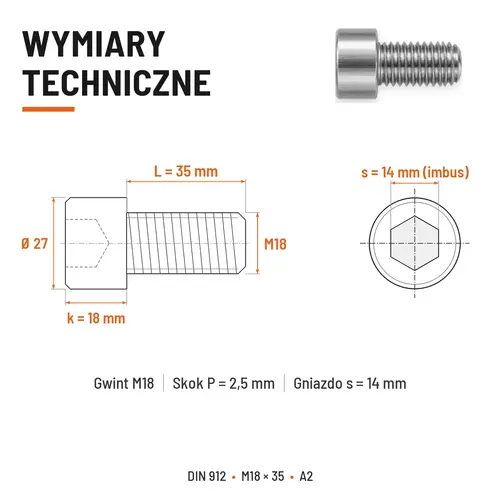 ŚRUBA IMBUSOWA Z PEŁNYM GWINTEM DIN 912 M18X35 A2