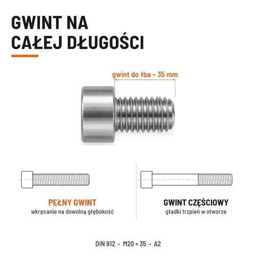 ŚRUBA IMBUSOWA Z PEŁNYM GWINTEM DIN 912 M20X35 A2
