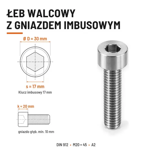 ŚRUBA IMBUSOWA Z PEŁNYM GWINTEM DIN 912 M20X45 A2