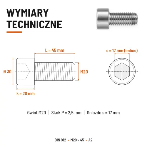 ŚRUBA IMBUSOWA Z PEŁNYM GWINTEM DIN 912 M20X45 A2
