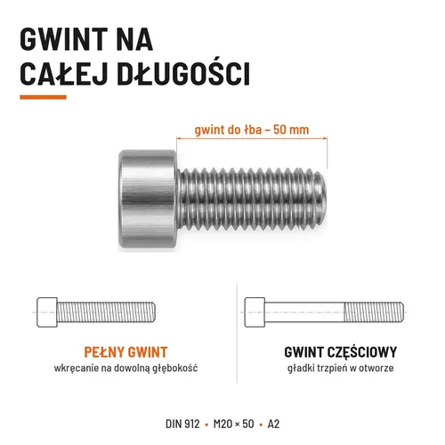 ŚRUBA IMBUSOWA Z PEŁNYM GWINTEM DIN 912 M20X50 A2