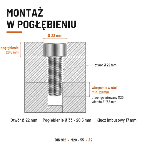 ŚRUBA IMBUSOWA Z PEŁNYM GWINTEM DIN 912 M20X55 A2