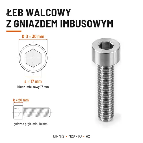 ŚRUBA IMBUSOWA Z PEŁNYM GWINTEM DIN 912 M20X60 A2