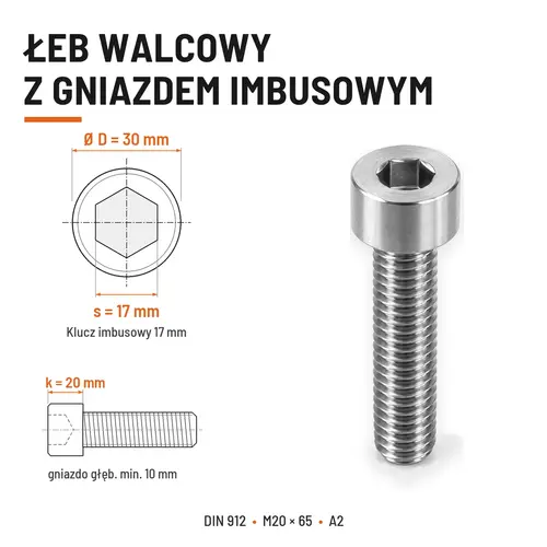 ŚRUBA IMBUSOWA Z PEŁNYM GWINTEM DIN 912 M20X65 A2