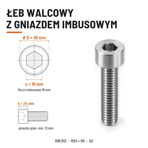 ŚRUBA IMBUSOWA Z PEŁNYM GWINTEM DIN 912 M24X50 A2