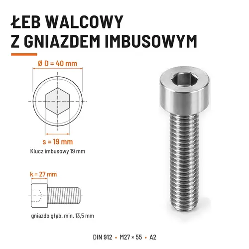 ŚRUBA IMBUSOWA Z PEŁNYM GWINTEM DIN 912 M27X55 A2