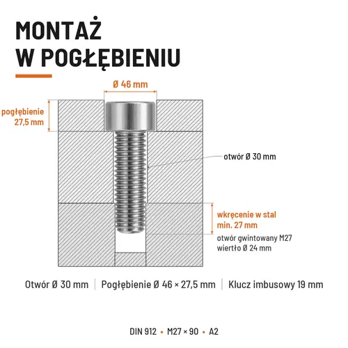 ŚRUBA IMBUSOWA Z PEŁNYM GWINTEM DIN 912 M27X90 A2