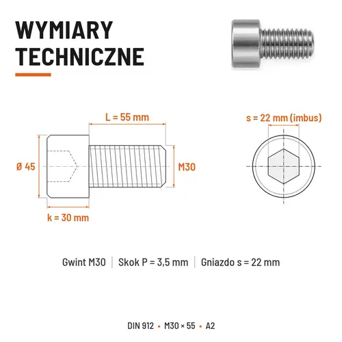 ŚRUBA IMBUSOWA Z PEŁNYM GWINTEM DIN 912 M30X55 A2
