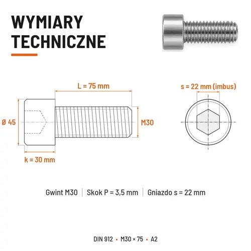 ŚRUBA IMBUSOWA Z PEŁNYM GWINTEM DIN 912 M30X75 A2